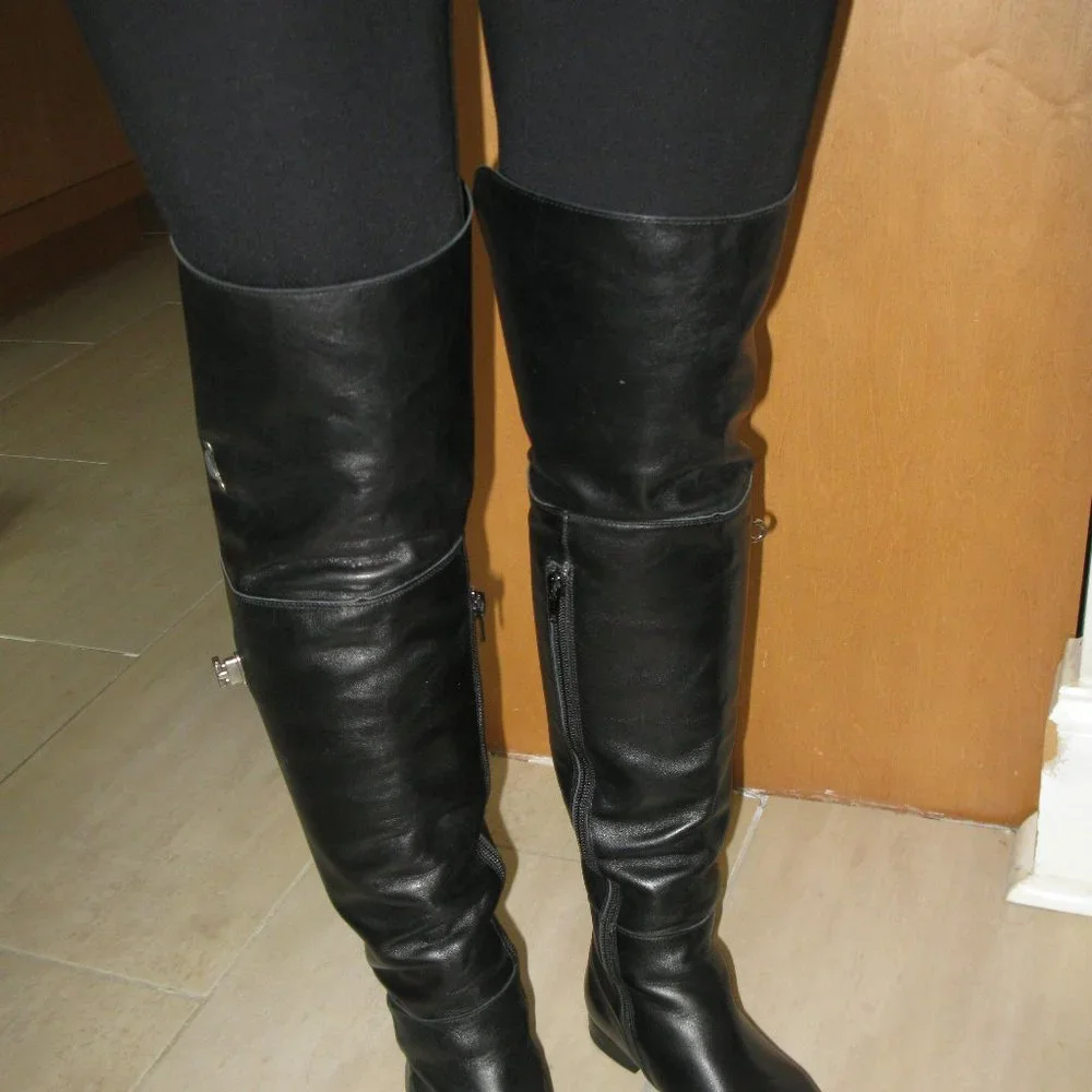 REDUCED Wmn Black Leather Side Zipper Block Heel Over The Knee Boots S 5.5 UK 3